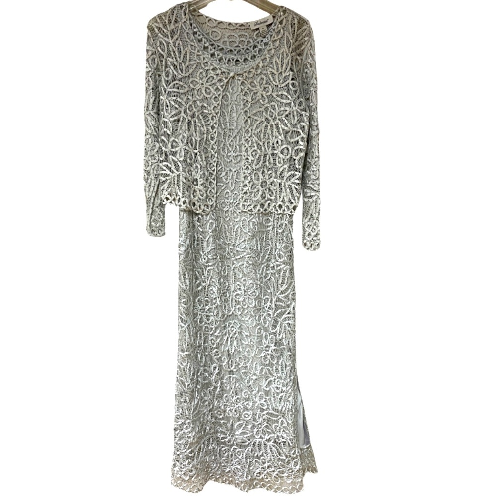 Soulmates Gray Silk Open Crochet Beaded Dress, One Button Jacket (M) Set Sz S